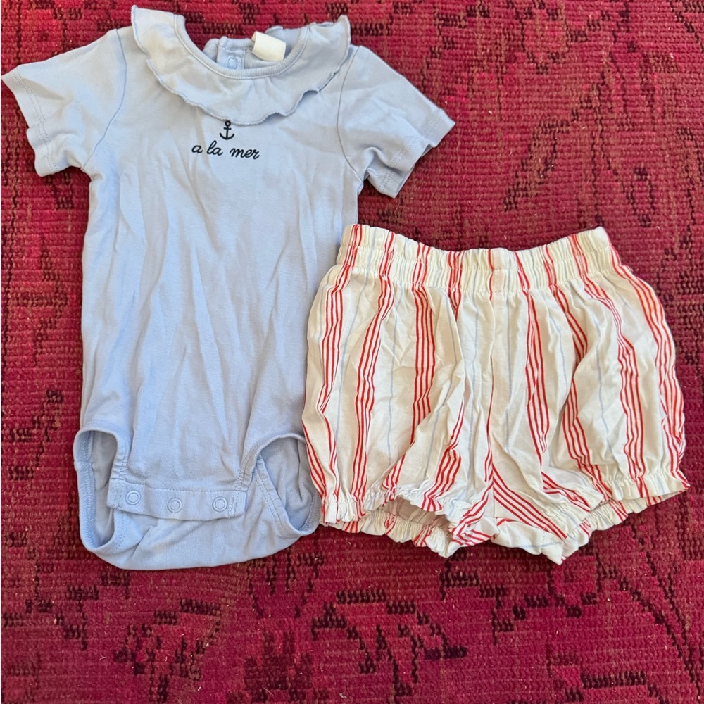 H&M Soft Blue Baby Onesie & Striped Shorts